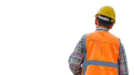 Construction worker wearing orange vest and yellow helmet on transparent background