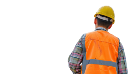 Construction worker wearing orange vest and yellow helmet on transparent background