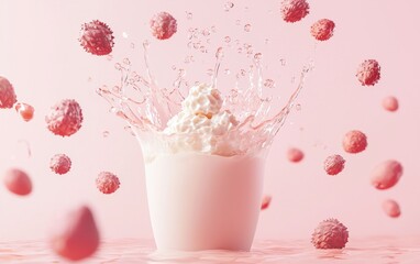Refreshing lychee yogurt splash with floating lychee pieces, isolated on a pastel pink background