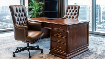 High-tech executive office with a large mahogany desk, leather chair