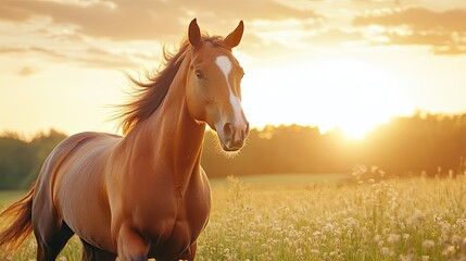 Beautiful horse standing in a sunset field