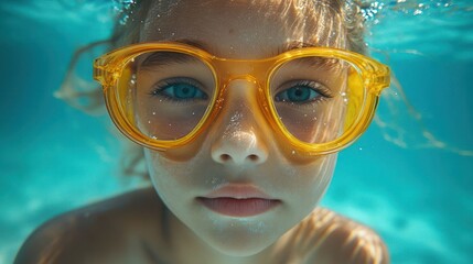 Naklejka premium Child with yellow glasses underwater, showcasing playful expression and clear blue water background