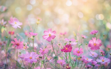 Wild nature flowers pink meadow grass field landscape morning sunlight close up shot.
