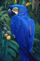 Obraz premium A Hyacinth Macaw perched in the lush green jungle