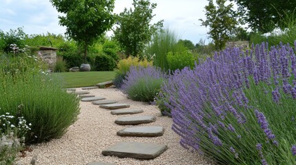Serene Garden Path with Lavender and Stone Steps