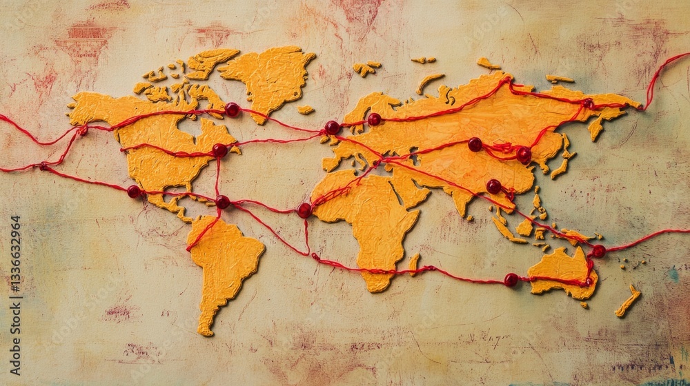 Poster mapping global connections world map with red lines digital art virtual space bird's eye view symbol