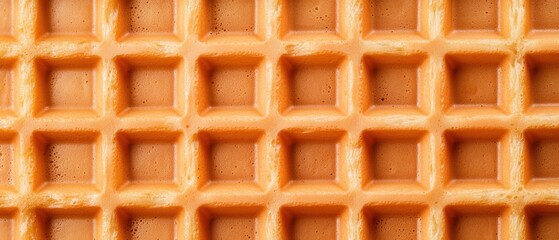 Close-up of a waffle pattern. the waffle appears to be freshly baked and has a golden-brown color. the pattern is made up of small square holes arranged in a grid-like design.