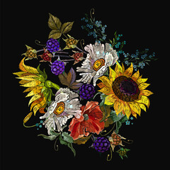 Embroidery yellow sunflowers, white chamomile, berries and red poppies flowers. Garden botanical art. Summer fashion template for clothes, tapestry, t-shirt design
