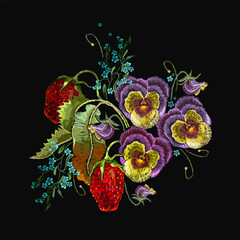 Strawberry plant with leaves, yellow sunflowers, violet flowers and meadow herbs. Embroidery style. Summer garden art. Fashion template for clothes, textiles and t-shirt design