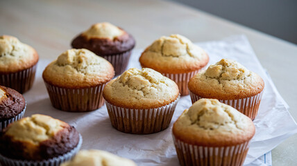 A close-up shot of plain vanilla muffins with a golden-brown crust, placed on a table. Soft texture, homemade bakery style, warm and inviting with natural light. 