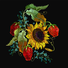 Yellow sunflowers, violet flowers and meadow herbs. Strawberry plant with leaves.  Fashion template for clothes, textiles and t-shirt design. Summer garden art. Embroidery style