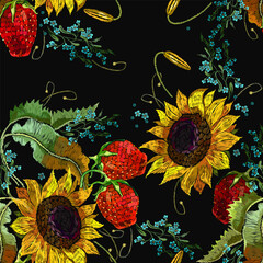Strawberry plant with leaves, yellow sunflowers flowers and meadow herbs. Embroidery style. Fashion template for clothes, textiles and t-shirt design. Summer garden art.