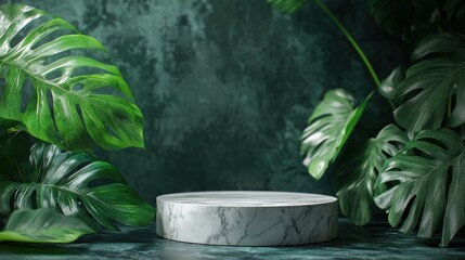 Empty marble podium surrounded by lush tropical leaves