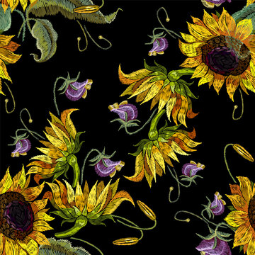 Embroidery yellow sunflowers and violet flowers. Fashion summer floral template for clothes, tapestry, t-shirt design