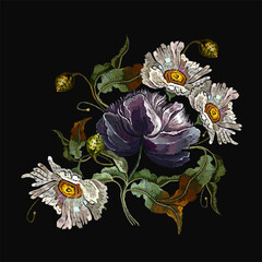 White chamomiles and violet flowers. Embroidery on black background. Template for clothes, textiles
