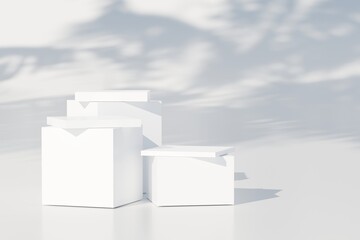 White Podium studio and cube pedestal on white background with product shelf on one white floor and wall the platform for product presentation minimal style, copy space, abstract podium. 3D render.