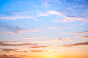 Sky,sunset, beautiful , luxury soft gradient orange gold clouds and sunlight on the blue sky perfect for the background, Sunrise on morning or everning in winter warm time ,Twilight summer,silhouette