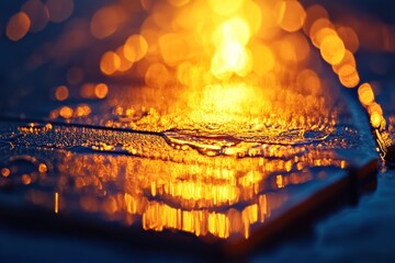 Abstract reflections of warm lights on a wet surface