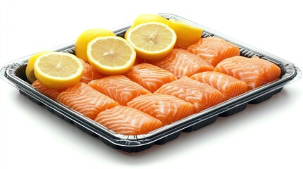 Freshly cut salmon fillets arranged with lemon slices on a tray