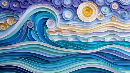 A vibrant paper art representation of ocean waves under a sunny sky