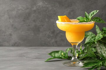 Refreshing mango margarita garnished with fresh herbs, set against a textured gray background for a vibrant and lively drink presentation.