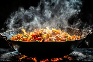 Oil and vegetables sizzling in a wok over a flame in a kitchen Generative AI