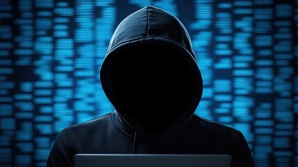 Silhouette of a hooded figure working on a laptop, representing cyber security and digital anonymity, against a backdrop of binary code.