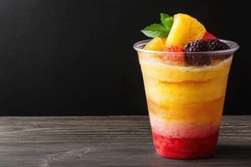 Vibrant fruit slush in a clear cup, featuring layers of fresh berries and tropical fruits, against a dark wooden background.