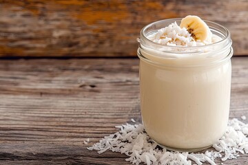 Creamy dessert in a glass jar topped with banana slices and coconut flakes, resting on a wooden surface with rustic charm.