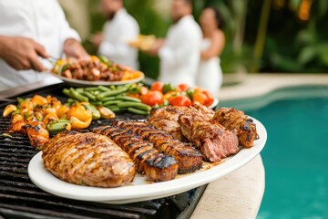 Grilled meats and vegetables served on a platter by the poolside, showcasing a festive outdoor dining experience with friends.