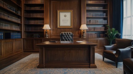 Professional lawyers office with dark wooden bookshelves, a large desk, and a wall filled with framed certificates