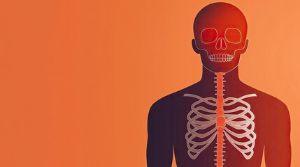 Illustration of a human skeleton with a skull on a vibrant orange background, highlighting anatomy and biological structure.