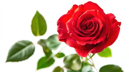 Vibrant red rose with lush green leaves against a white background