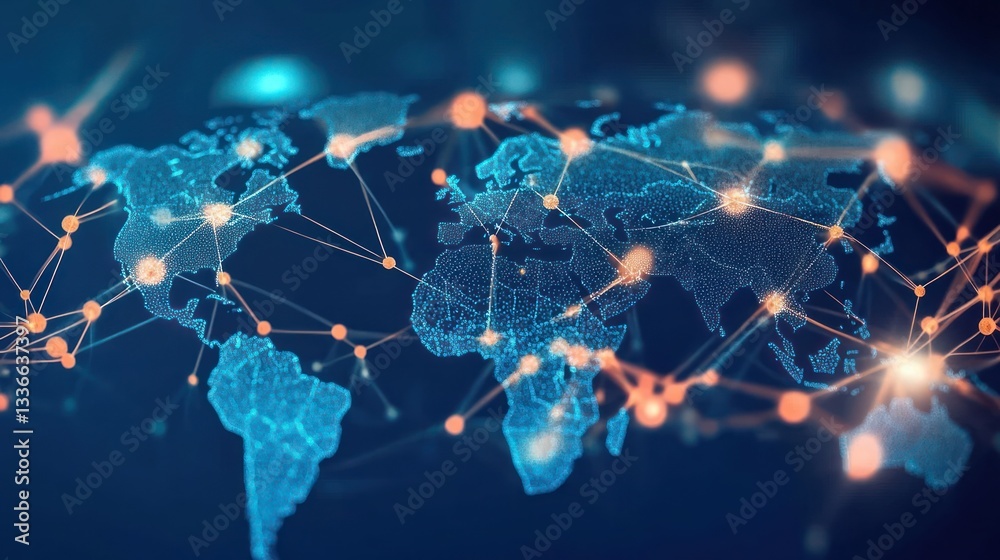 Poster digital world map with interconnected nodes representing global networks