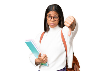 Young African American student woman over isolated background showing thumb down with negative...