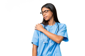 Young African american nurse woman over isolated background suffering from pain in shoulder for having made an effort