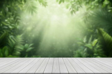 Fototapeta premium Wooden board empty table in front of blurred background. Perspective brown wood over blur trees in forest - can be used mock up for display or montage your products. 
