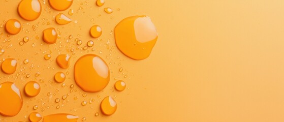 Close-up of a group of orange-colored droplets on a yellow background. the droplets are arranged in a scattered manner, with some overlapping each other.