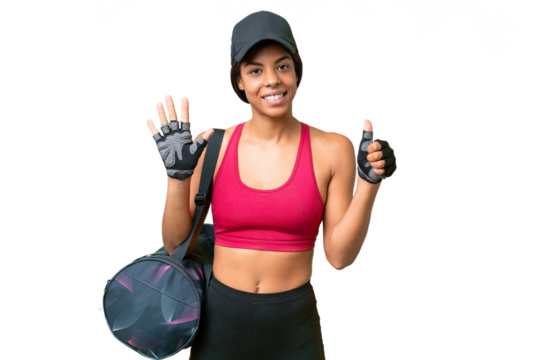 Young sport African american woman with sport bag over isolated background counting six with fingers