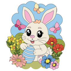 Isolated rabbit with Easter egg. Icon for stickers, print or embroidery. Vector illustration.