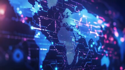 Colorful digital map of the world with glowing network connections