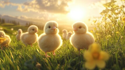 A group of fluffy baby chicks exploring a grassy field under a bright sky