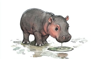 Fototapeta premium Painted drawing illustration of a baby hippo wading in a tiny puddle. On white background. Kids book style