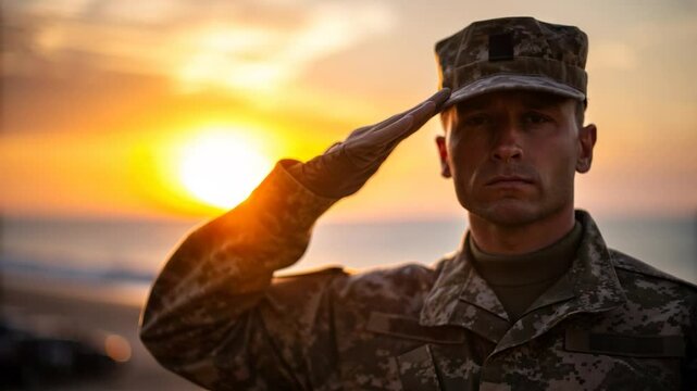 Soldier Salutes at Sunset Honoring Military Service and Respecting Memorial Days Significance