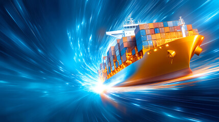 A large container ship navigates the ocean with vibrant blue and orange glowing effects, representing the speed and efficiency of modern cargo transport against a dynamic backdrop