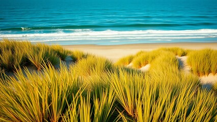 Peaceful existence of sand dunes and lush beach grass by ocean showcasing vibrant coastal plants gol