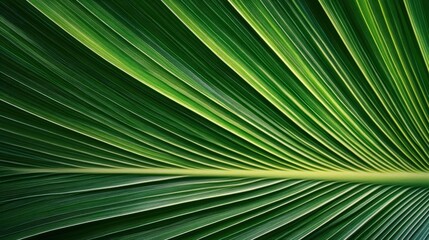 A close-up view of a green palm leaf, showcasing its intricate patterns and vibrant textures.