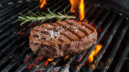 Juicy grilled beef steak with perfect sear marks on a flaming hot grill. High-quality close-up food photography with a dark background. 
