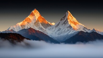 Majestic snow-capped mountain peaks illuminated by golden sunlight against the sky