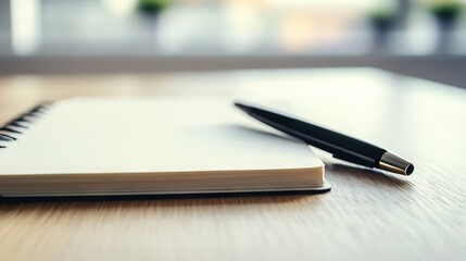Fototapeta premium Black Pen on White Notebook, Flat on Oak Table, Light Wood Background, Natural Lighting Highlighting Paper Texture, Simple Composition Emphasizing Design Simplicity and Writing Tool Elegance, 